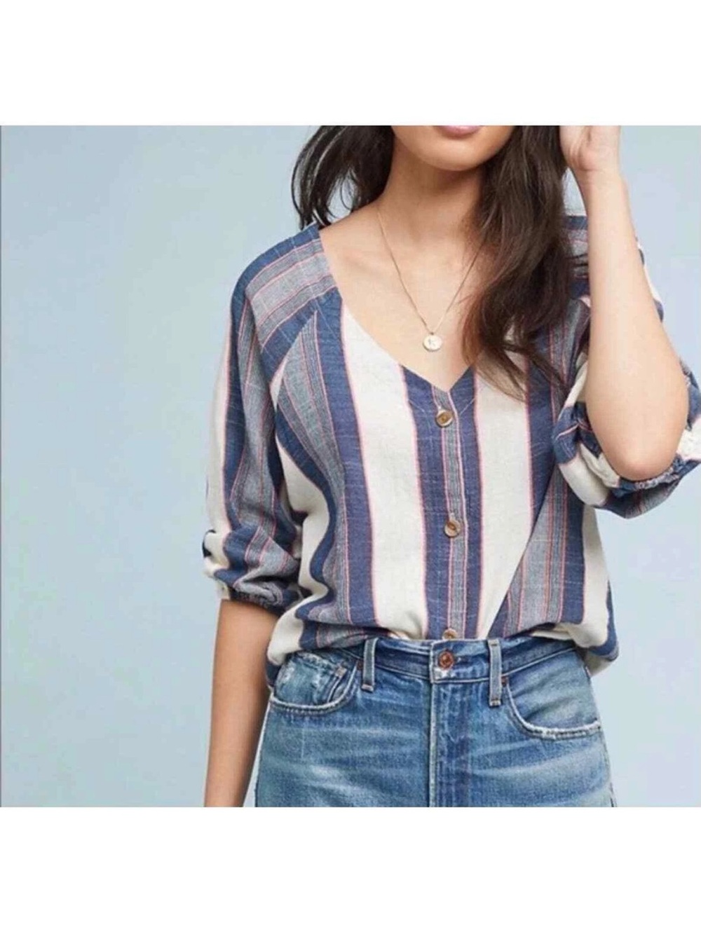 Anthropologie Cloth and Stone Striped Button-Front V-Neck Top